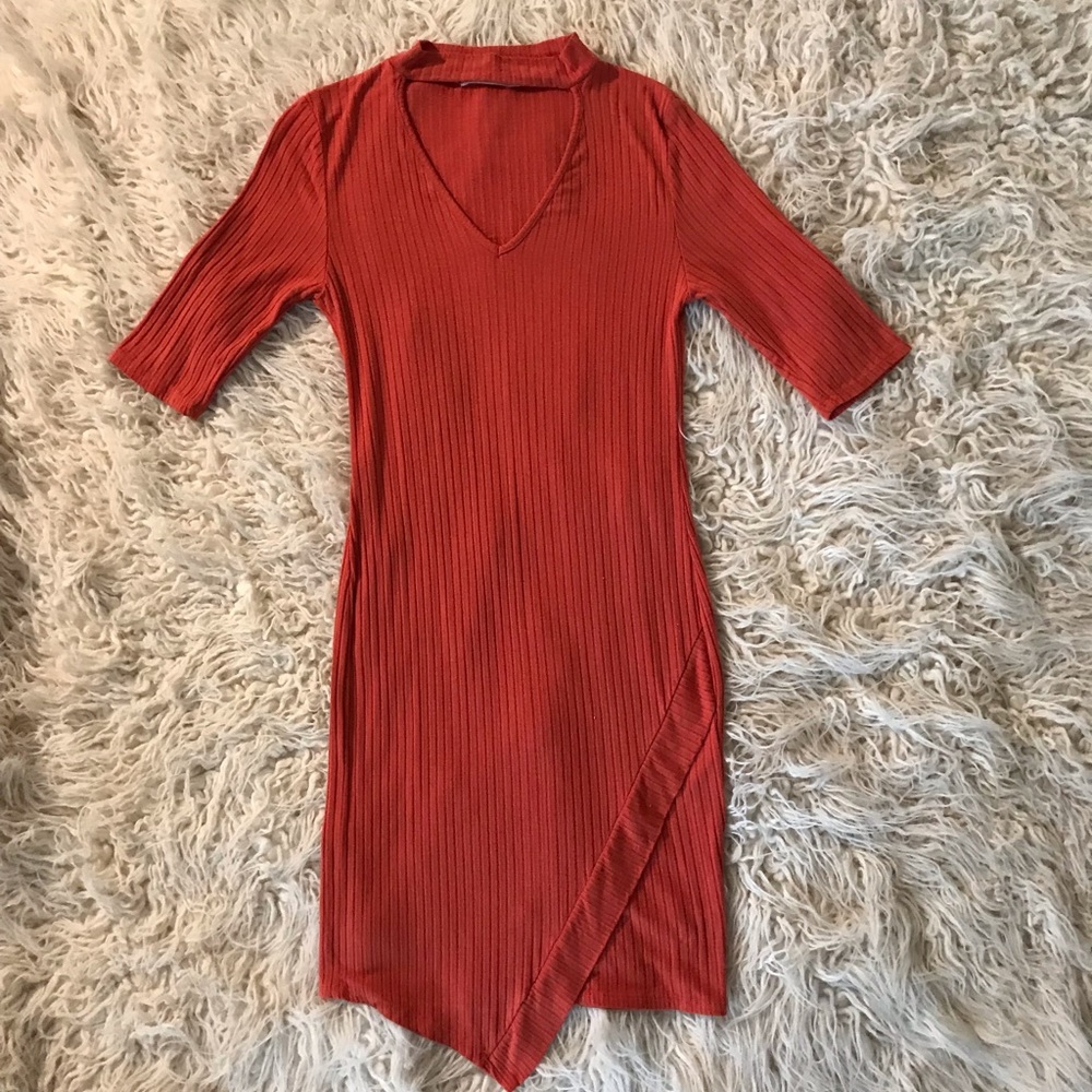 Orange Asymmetrical Body-con Choker Dress